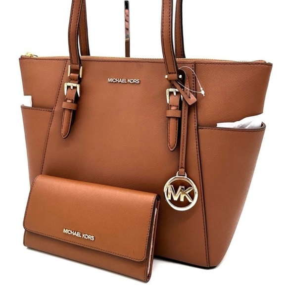 Michael Kors Large Charlotte Tote Bag & Large Trifold Wallet Luggage Brown - Picture 1 of 14